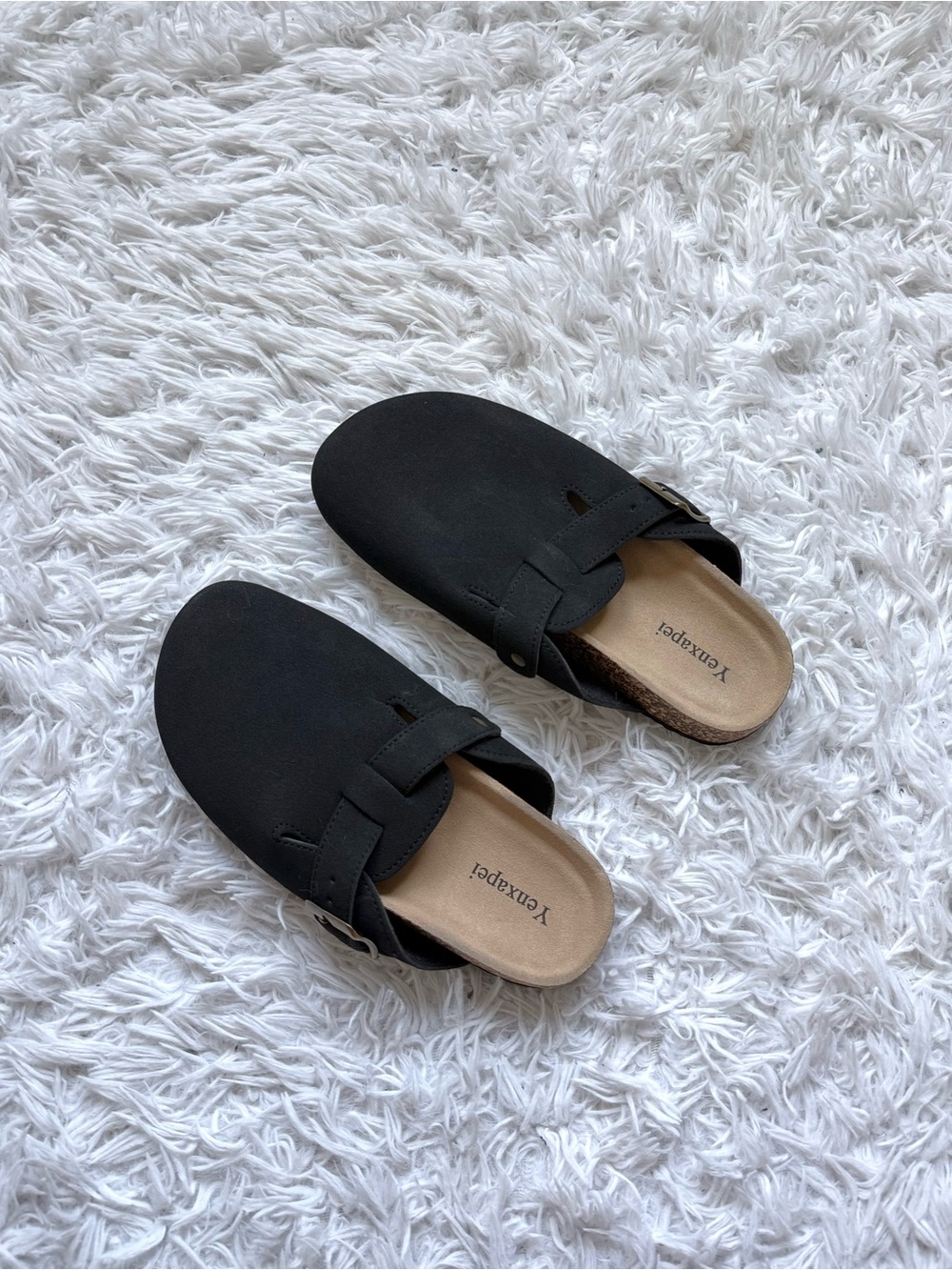 Black Slip-On Suede Clogs with Buckle